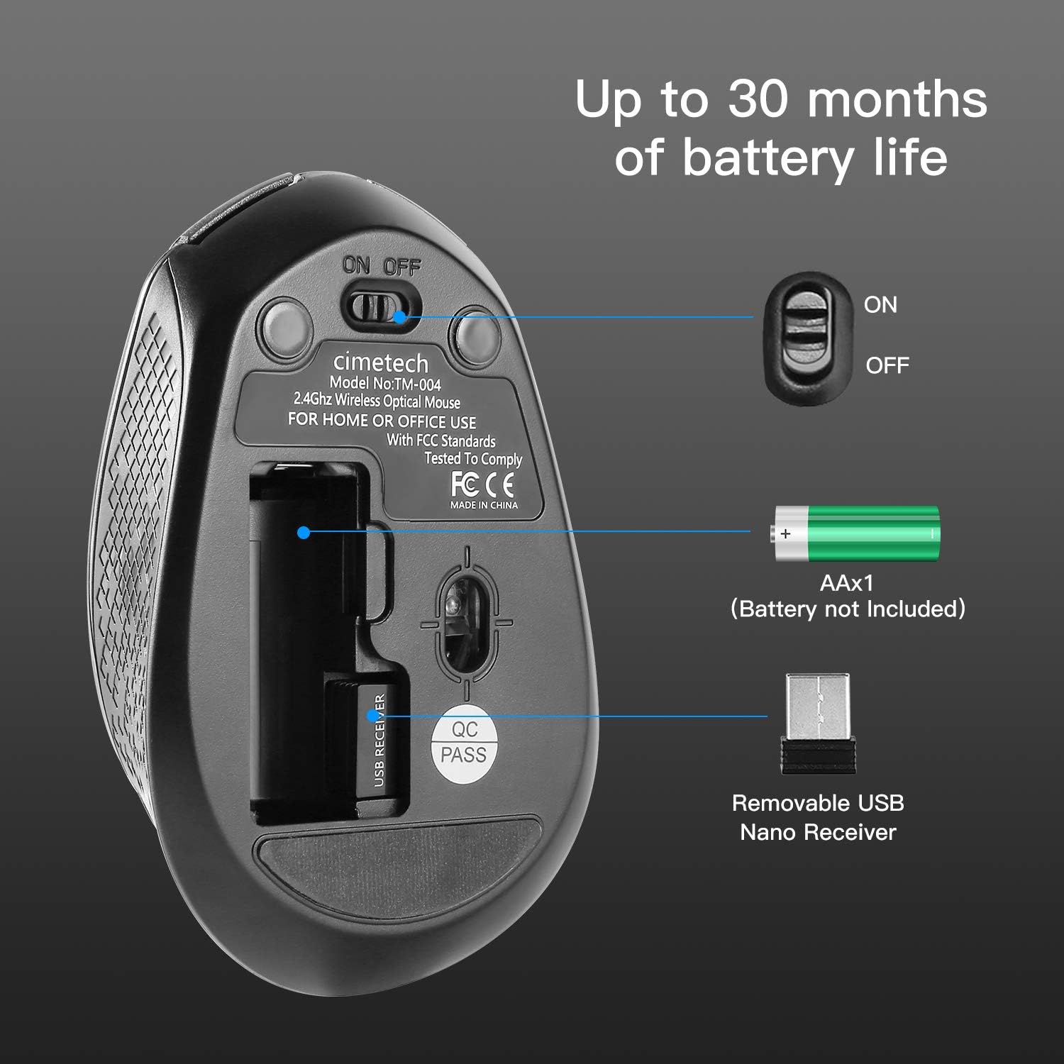 Underside of Cimetech Wireless Ergonomic Mouse showing battery compartment and USB receiver storage