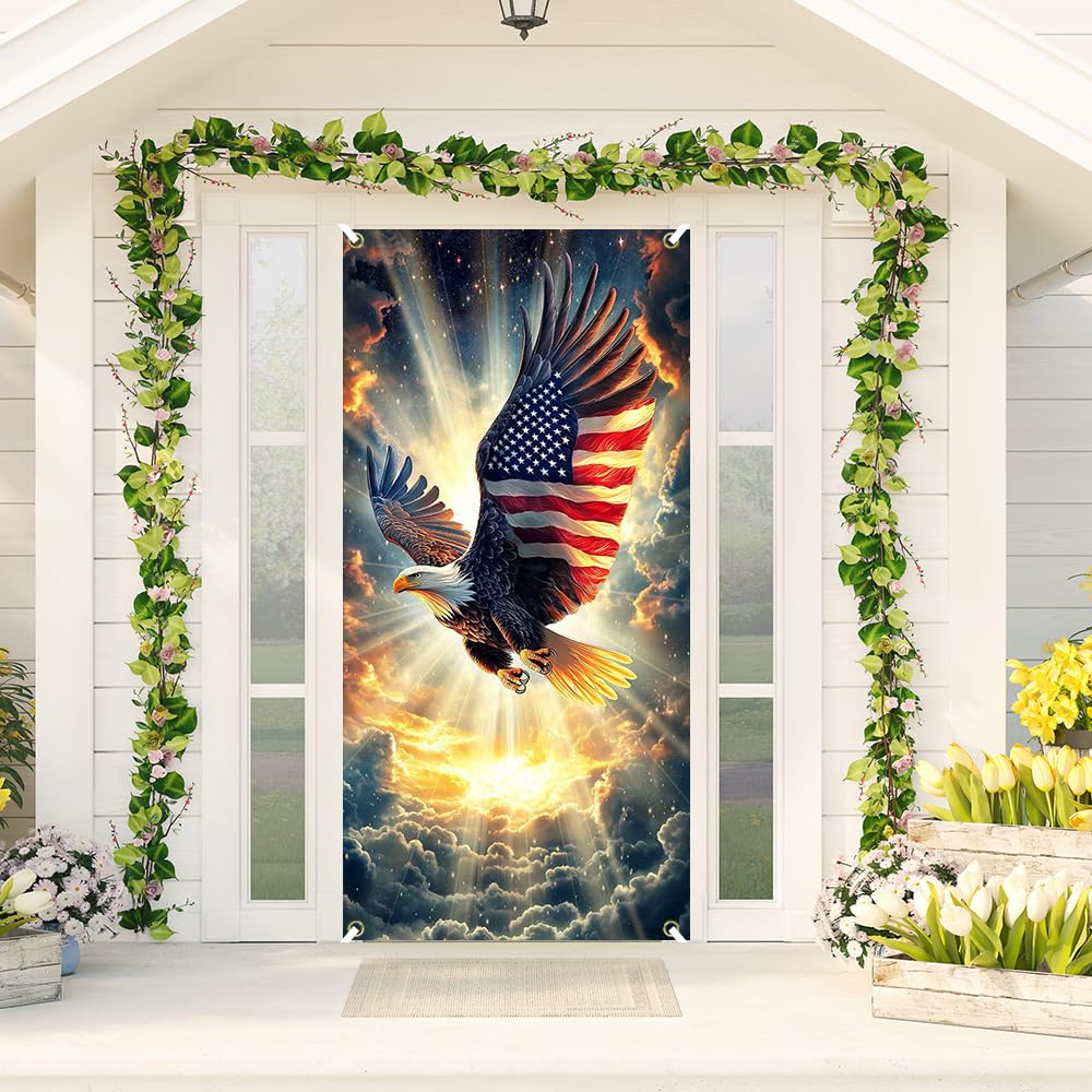 Wollmix 4th of July Door Banner Cover - Decorative Decorations with Patriotic USA Bald Eagle - Independence Day Holiday Outdoor Party Supplies
