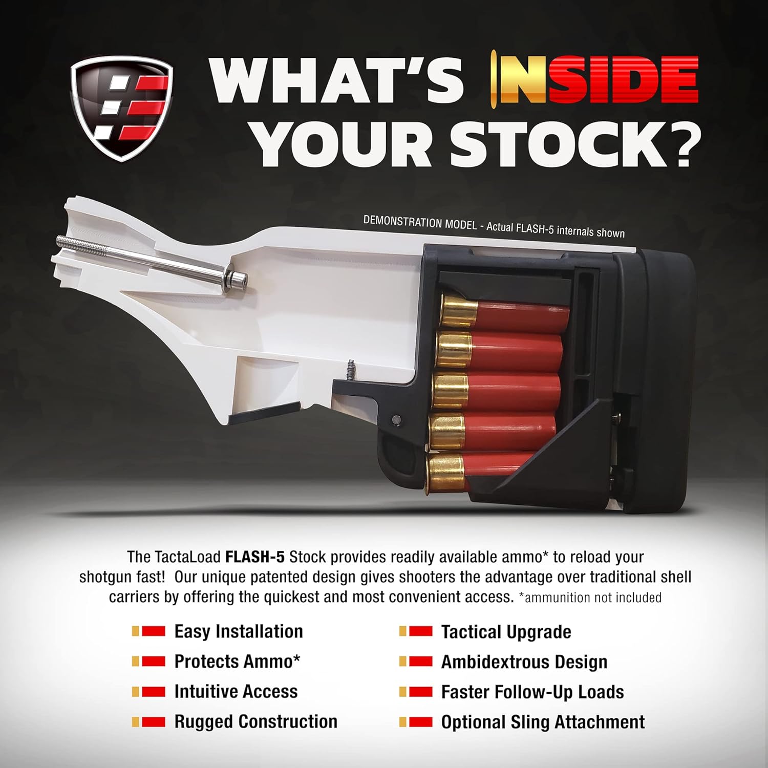 TactaLoad Flash-5 Shotgun Buttstock with Internal 12 Gauge Shell Carrier Storage - Fits Mossberg 500 535 590 600 835 and Maverick 88 Models