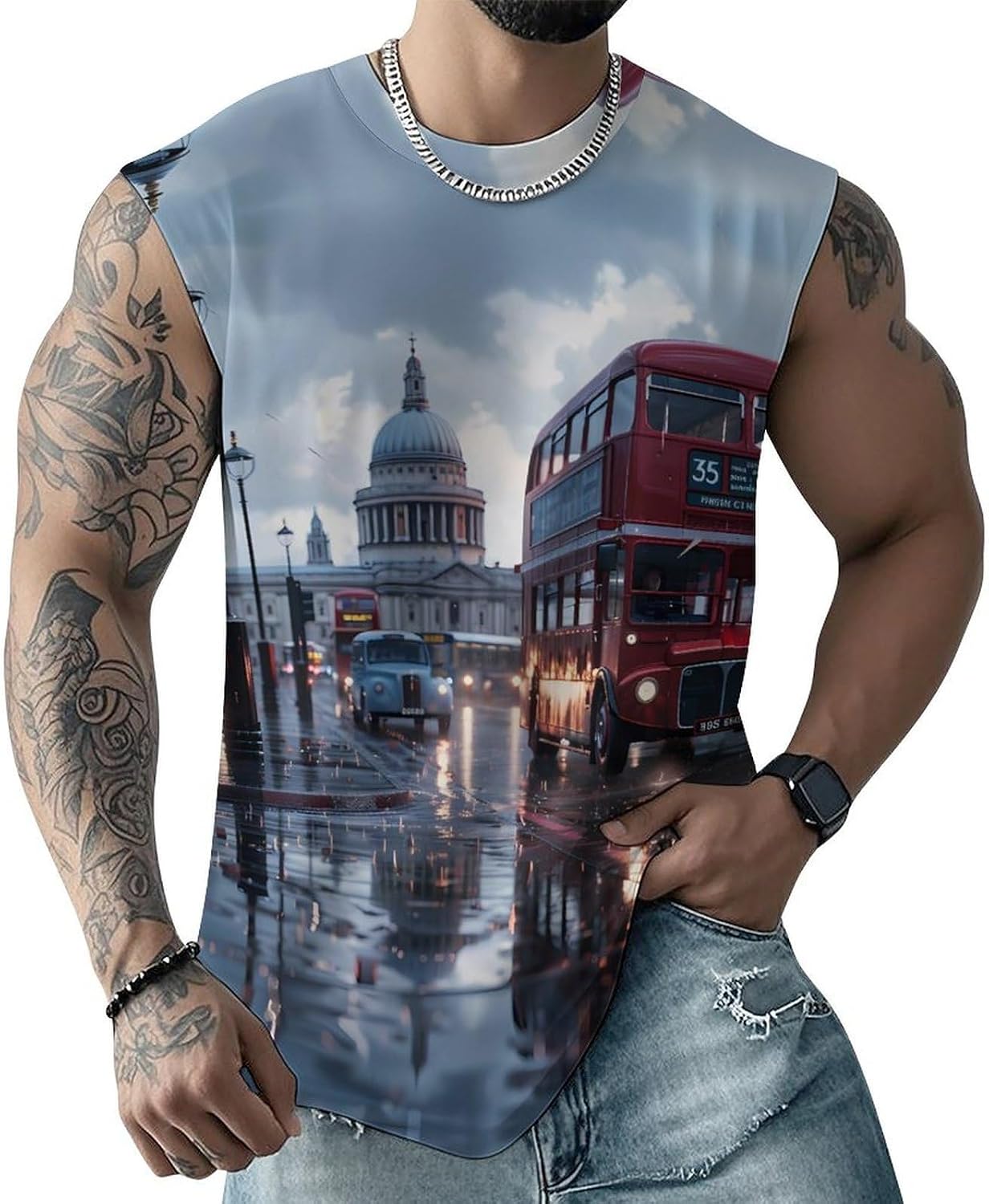 London Double-Decker Bus Men Summer Sleeveless Crew Neck Top 5XL