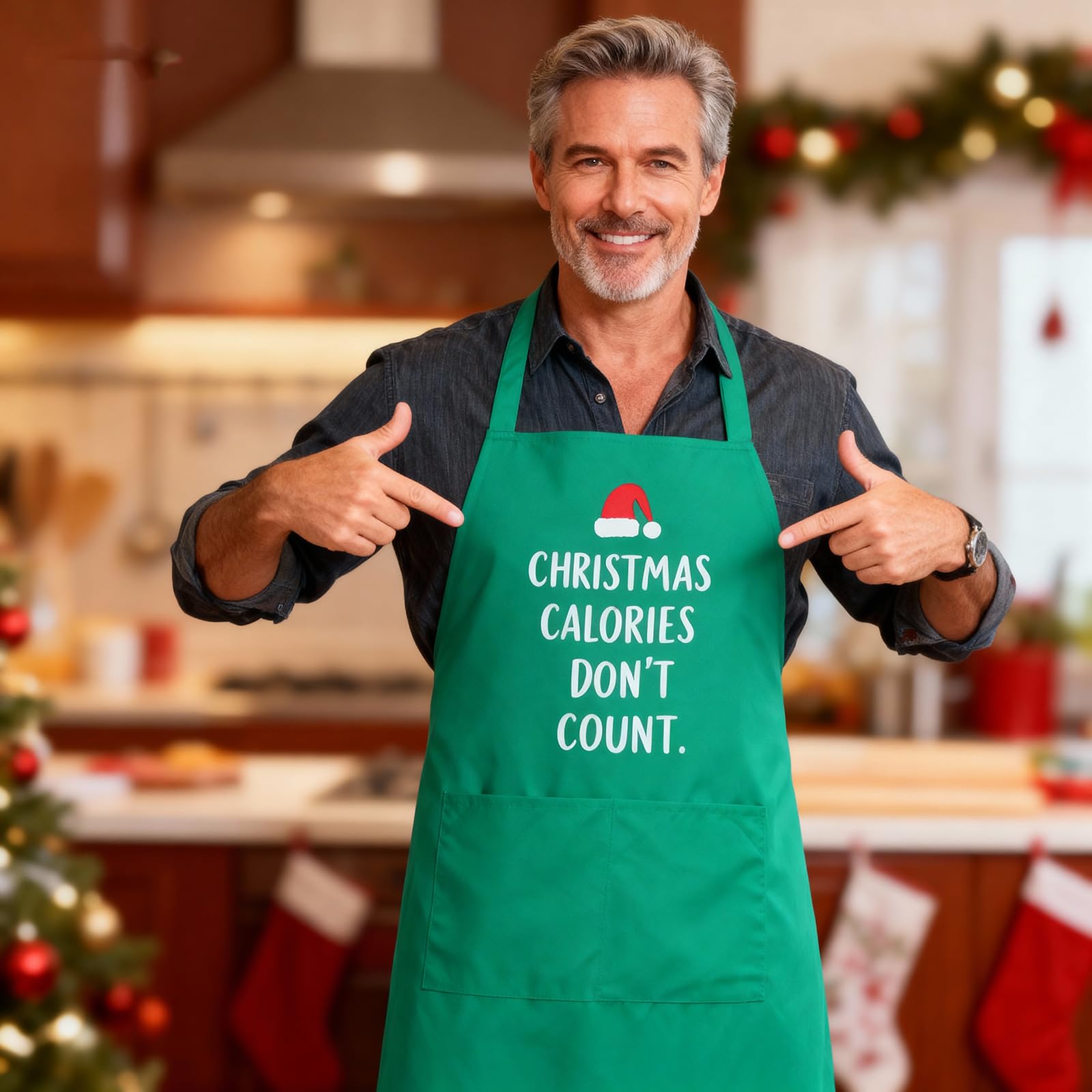 Delantales de cocina de Navidad para mujer con bolsillos, disfraz de chef de camarera, bonito delantal de cocina, regalos de cocina para hombres (verde), Verde, Standard