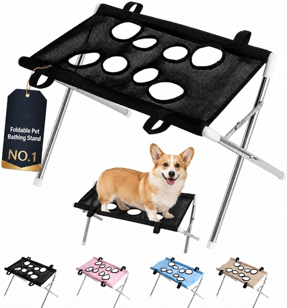 Foldable Pet Bathing Stand Holder Grooming Shower 8-Hole Wash Hammock | Washing Bed for Small Dogs & Cats Nail Trimming Chair Cats Hanger Hanging Harness Rack on Door Support Escape Proof, Black