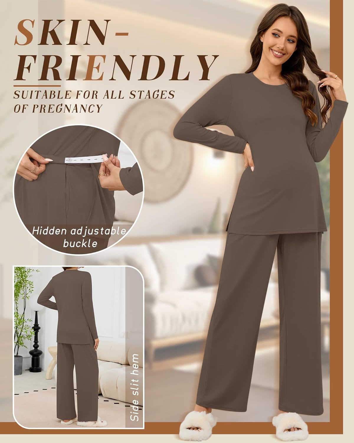 Women's Maternity Lounge Sets 2 Piece Knit Pajamas Long Sleeve Side Slits Top Adjustable Pant Pregnancy Outfit - Image 4