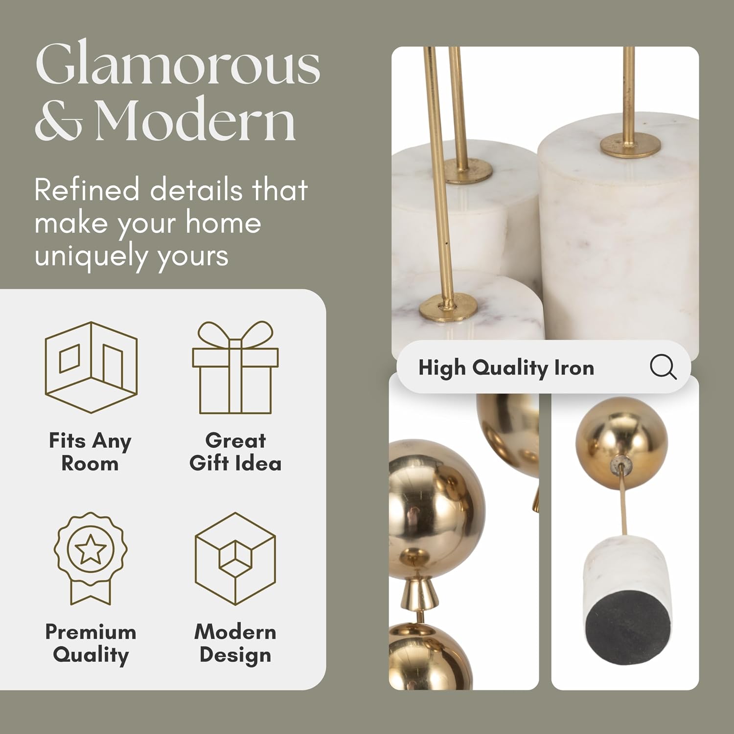 Set of 3 Abstract Orb Sculptures with Iron and Aluminum Accents - Metal & Marble Decorative Object - Modern Home Decor for Office, Bedroom & Living Room – 11", 15" & 18", Gold
