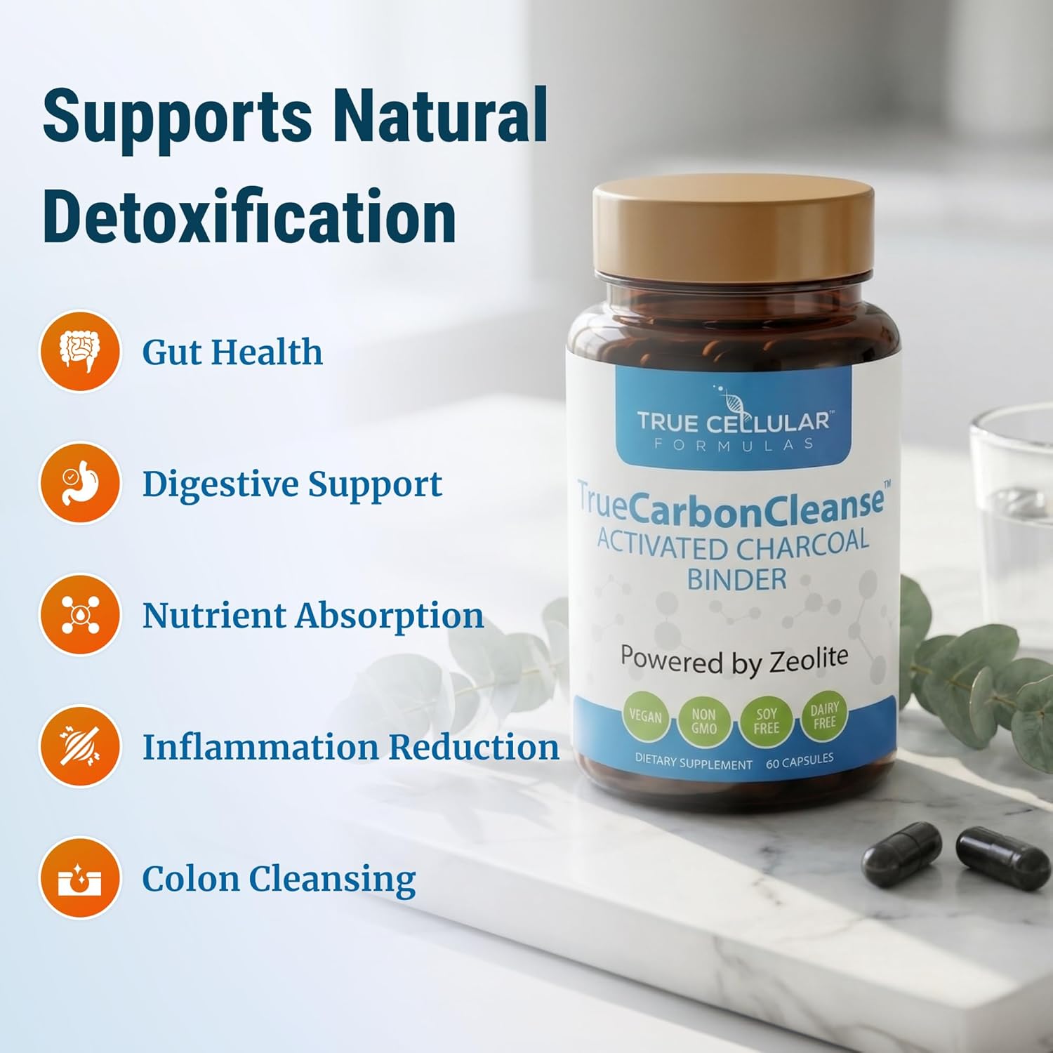 Gut Detox & Liver Cleanse - Organic Activated Charcoal Capsules with Clinoptilolite Zeolite Binder - TrueCarbonCleanse™ Carbon Supplement - 60 Bamboo Charcoal Pills - Vegan, Non-Toxic, Gluten Free