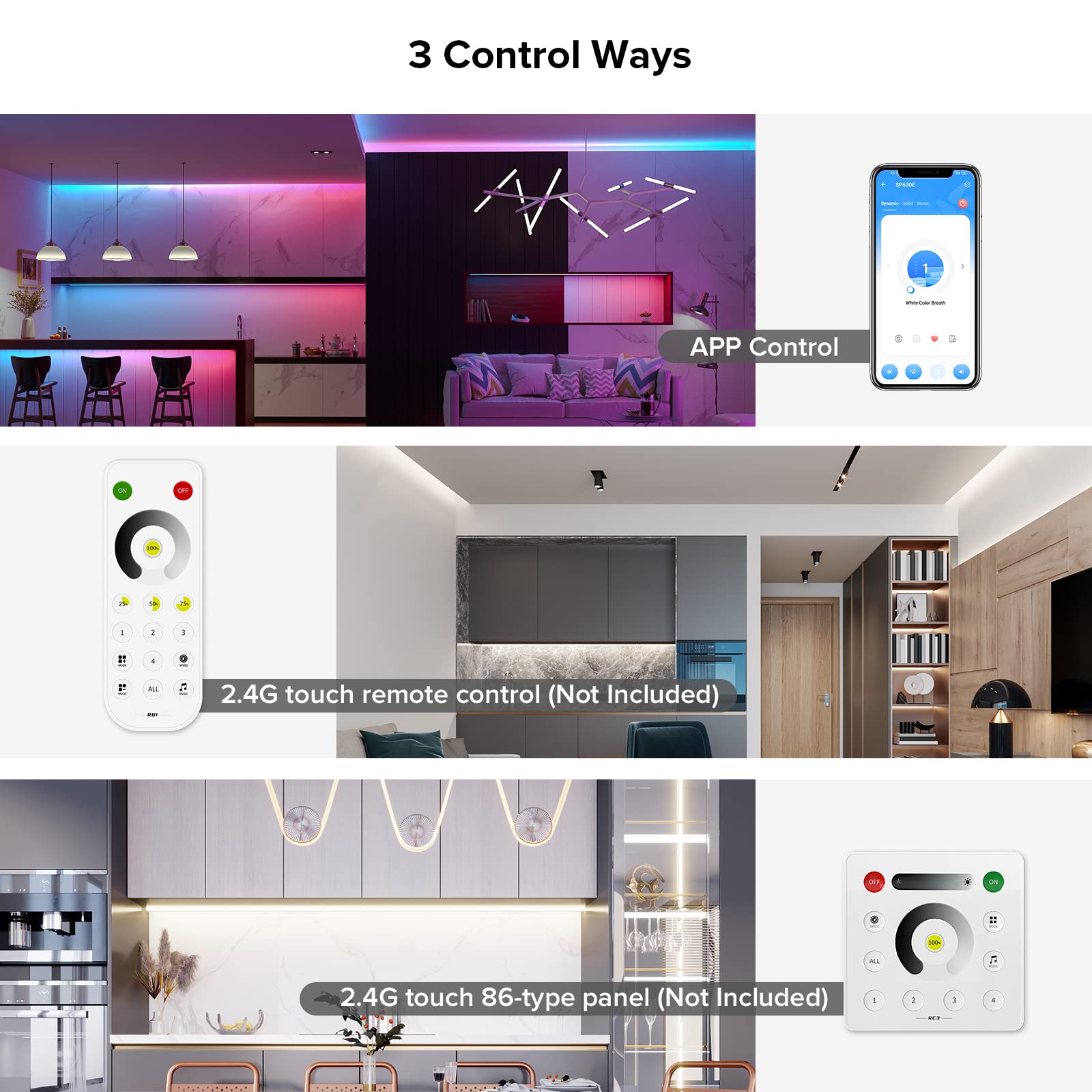 SEZO SP630E Contrôleur LED Bluetooth 12 en 1 2.4G DC5V-24V Compatible avec Ruban LED 5 CH PWM monochrome RGB RGBW ou SPI TTL IC WS2812B SK6812 WS2811 FCOB CCT LED Strip Control Modèle Musical