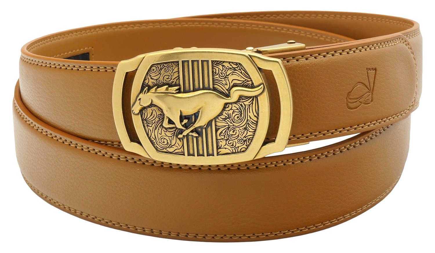 QHA Mens Leather Ratchet Belt Runing Horse Automatic Buckle 35mm Wide Q26 Gold Tan 32"-36"