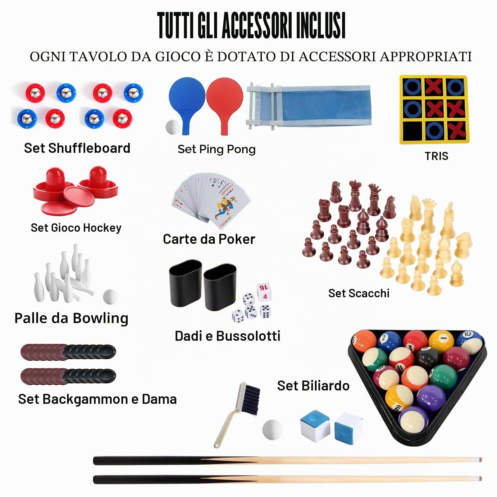 Tavolo da Gioco Multifunzione 12 in 1 Pieghevole con Calcio Balilla, Biliardo, Ping-Pong, Hockey, Shuffleboard, Bowling, Scacchi, Dama, Backgammon e Poker, Completo di Tutti Gli Accessori