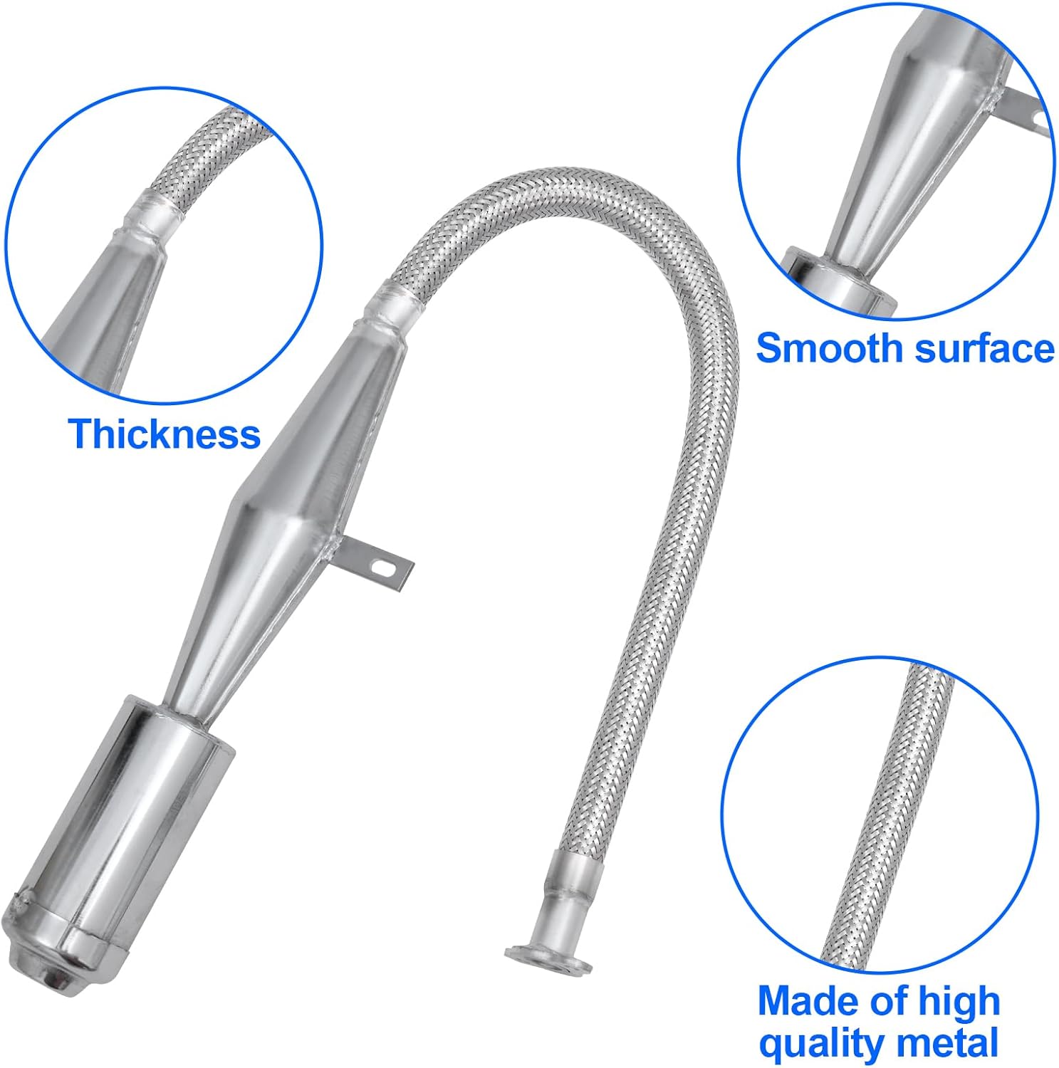 Stainless Steel Flexible Exhaust Muffler Pipe Silencer Gasket for 2 Stroke 49cc 60cc 66cc 80cc 100cc Engine Gas Motorized Bicycle Motor Bike (Silver)