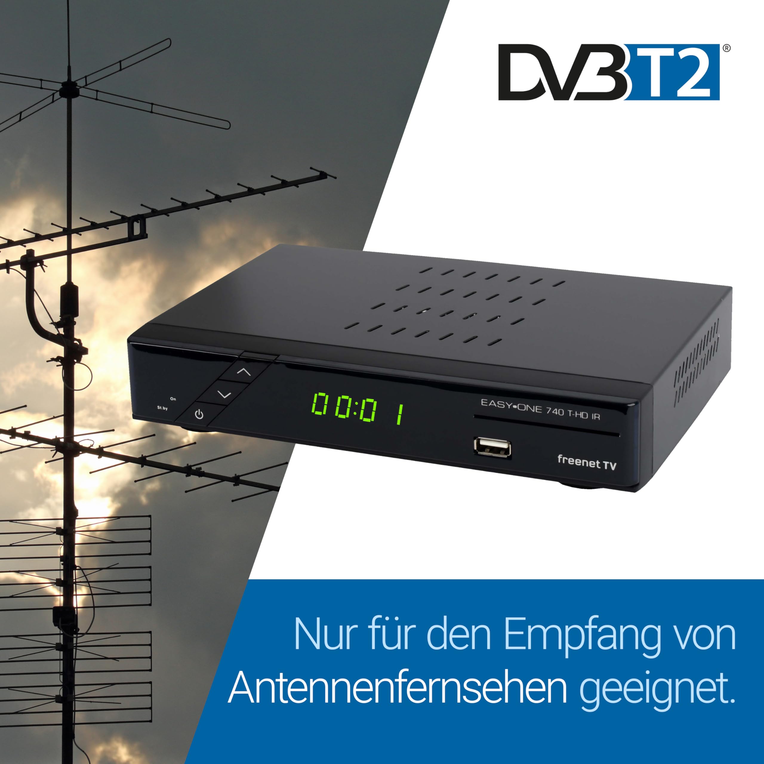 SET-ONE EasyOne 740 HD DVB-T2 Receiver, Freenet TV (Private Sender in HD), Full-HD 1080p, HDMI, USB 2.0, 12V tauglich, 1,5m HDMI Kabel