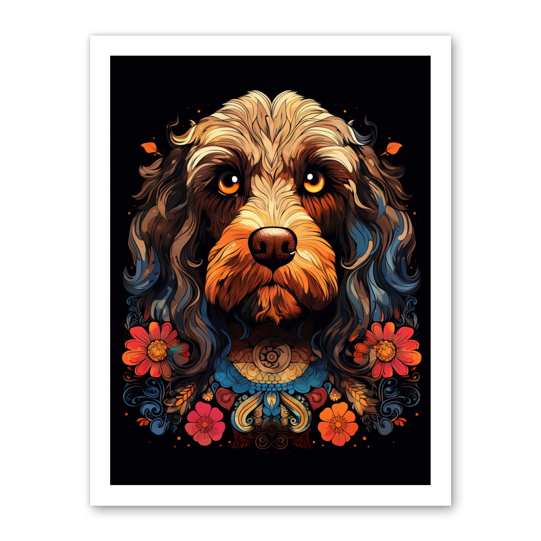 Artery8 Cockapoo Dog with Ornate Collar and Flowers Symmetrical Floral Artwork Orange Pink Blue Tribal Design on Black Artwork Framed Wall Art Print 18X24 Inch