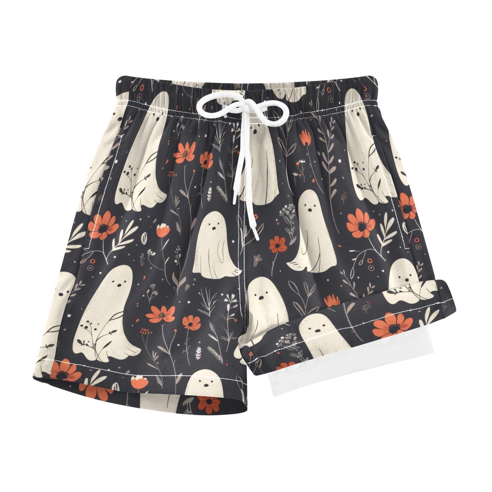 FLildon Halloween Cute Ghosts Boys Swim Trunks with Compression Liner Quick Dry Bathing Bottom Kids Beach Shorts, 7 Years