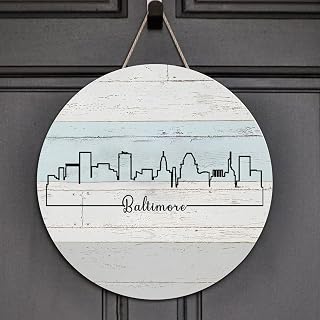 Welcome Sign America Baltimore Round Wood Signs City Landscape Silhouette Sign Modern Landscape Farmhouse Wall Art Home For Bedroom Living Room Home Kitchen Housewarming Gift 10x10in