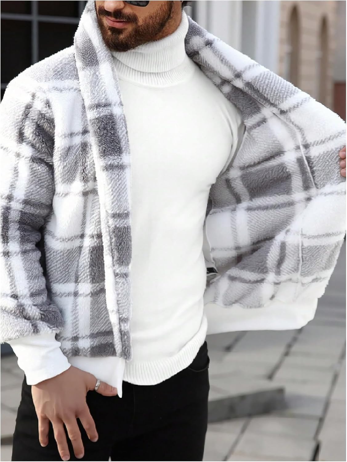 SHENHE Men's Plaid Sherpa Jacket Open Front Shawl Collar Long Sleeve Fuzzy Teddy Coat Fall Winter Outerwear