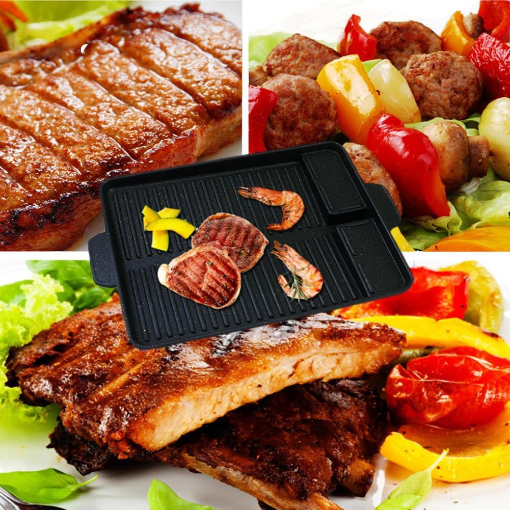 Korean-style Non-stick Grill Pan Rectangular Hot Plate Barbecue Pot Portable Oil Spill Baking Tray for Indoor Outdoor BBQ (Style A)