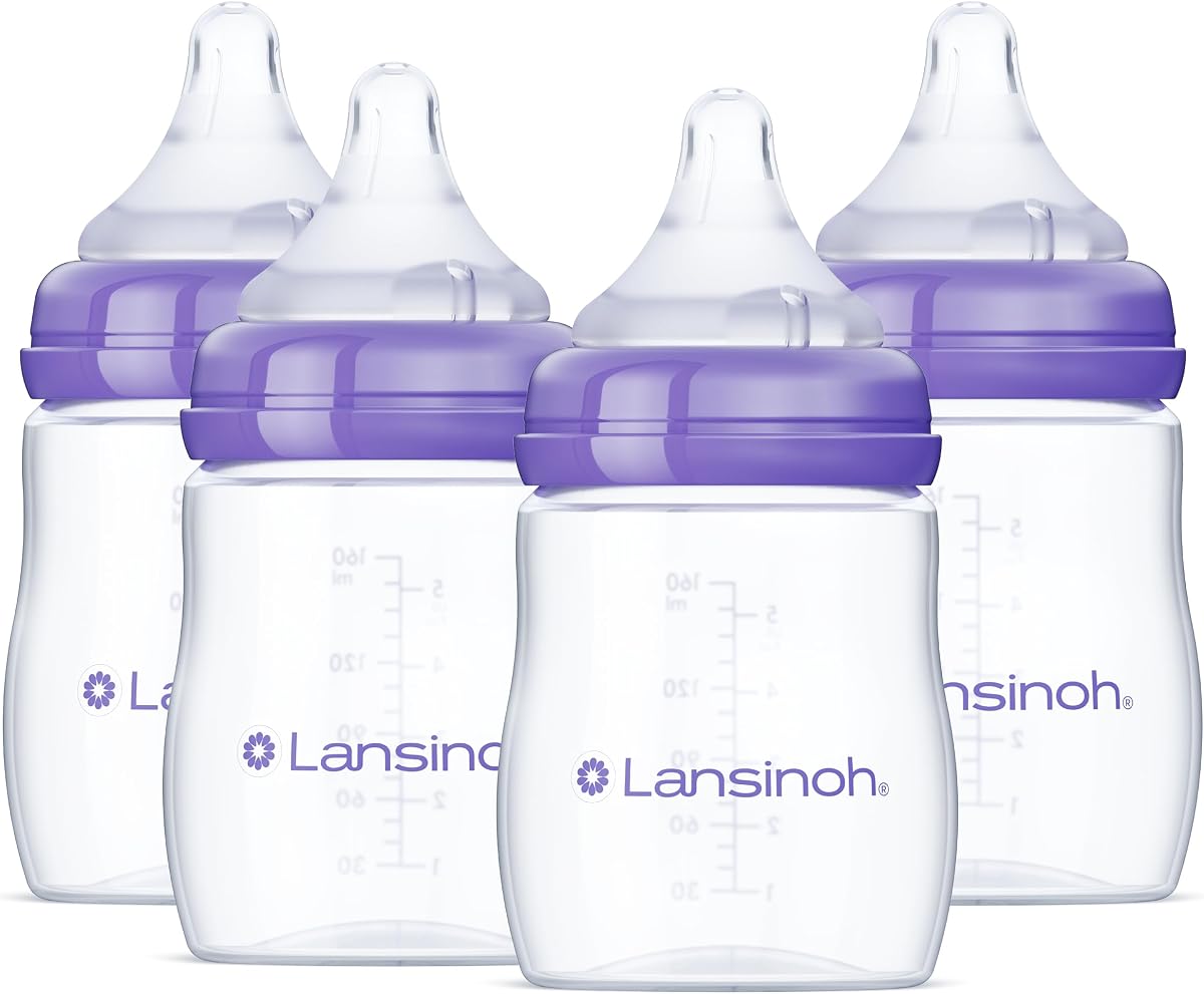 Lansinoh Anti-Colic Baby Bottles, BPA-Free Plastic, 5 Ounces, 4 Count, Slow Flow Nipples (Size S), Breastfeeding Bottle with NaturalWave Design