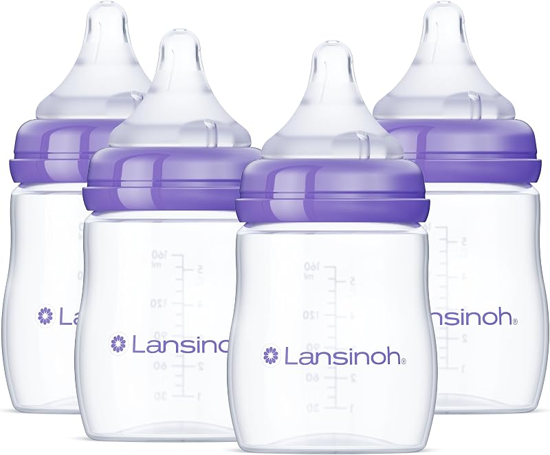 Lansinoh Anti-Colic Baby Bottles, BPA-Free Plastic, 5 Ounces, 4 Count, Slow Flow Nipples (Size S), Breastfeeding Bottle with NaturalWave Design