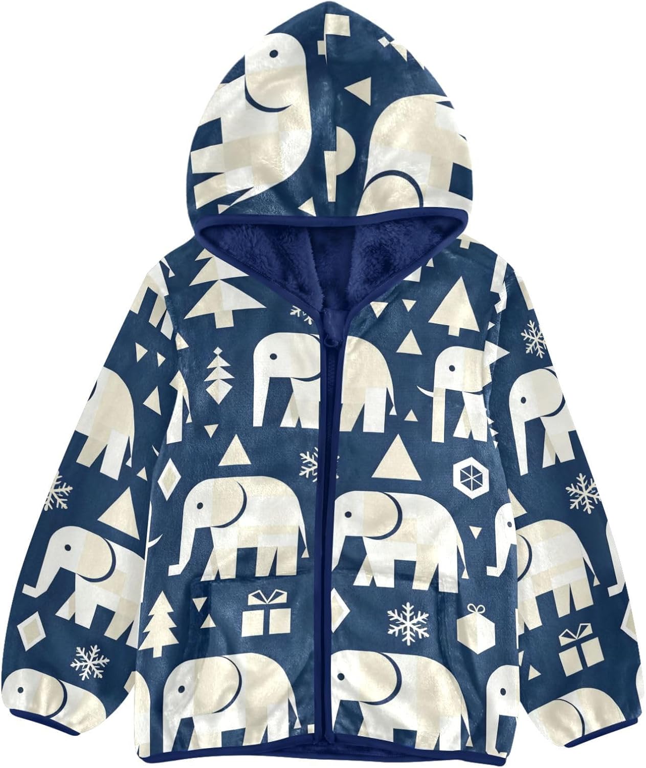 Geometric White Elephant Navy Blue Winter Fleece Jacket Toddler Boy Outerwear Jackets Navy Blue Baby Boys Hoodie