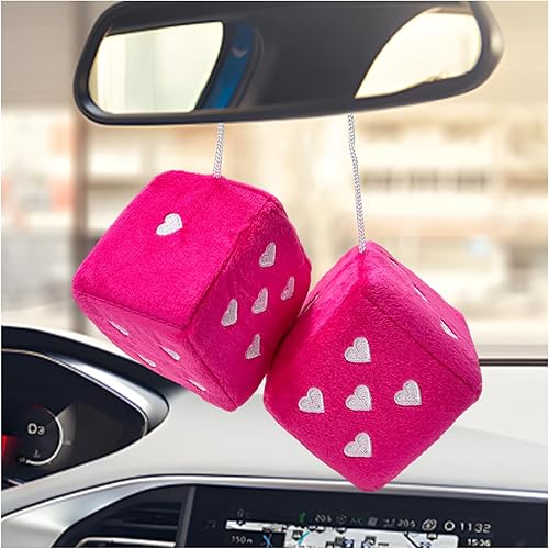 Miniatura 13 de 2 PCS Dados de Felpa Mullidos para Espejo de Coche, 2.75" Forma Cuadrada Retro de Corazón Decoración Linda para Espejo Retrovisor de Coche, Dados