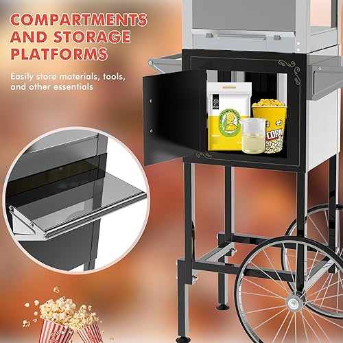 Miniatura 4 de Máquina comercial de palomitas de maíz con carrito, ruedas y hervidor de 20 onzas, máquina para hacer palomitas de maíz estilo vintage, máquina de