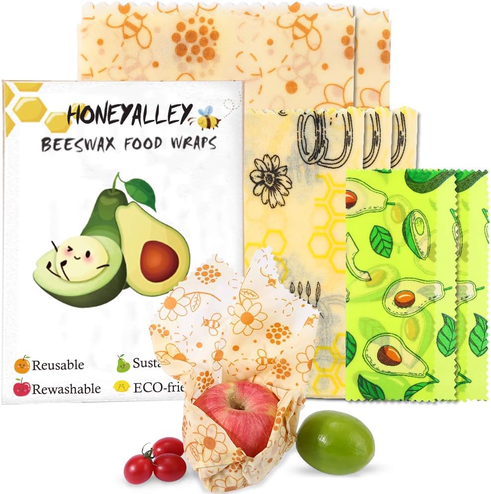 HONEYALLEY Reusable Beewax Food Wrap, 6 Pack Plastic Free Alternative for Food Storage, Eco Friendly Sustainable Bowl Cover, Zero Waste Biodegradable Sandwich Wrappers–3 Sizes (S, M, L)
