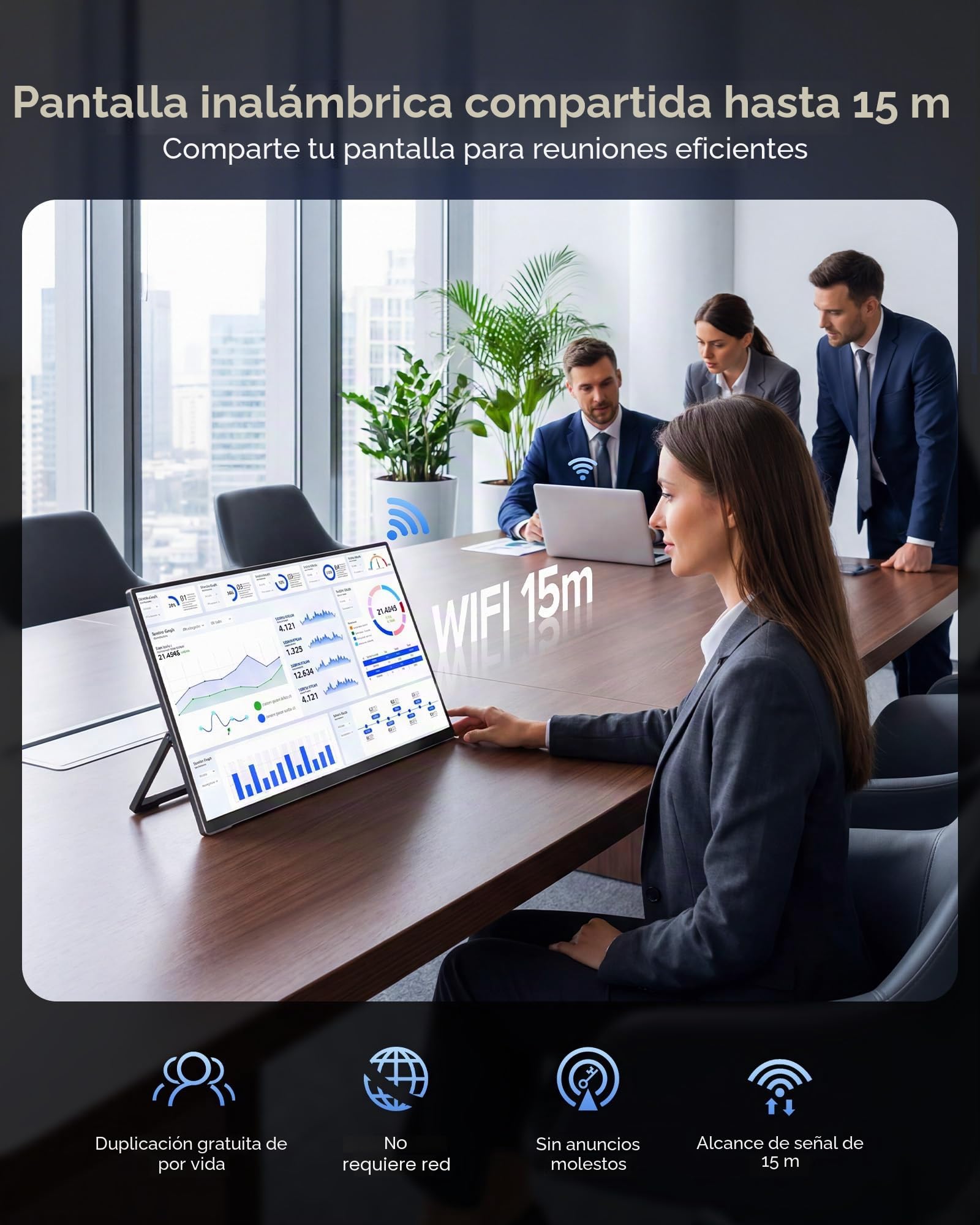 Newsoul Monitor Portátil Inalámbrico con Batería 8000 mAh,15.6" Pantalla Portatil 1080P IPS 125% sRGB, Pantalla Móvil Externa con Mini HDMI/USB-C para Laptop/PC/Phone, Soporte AirPlay/Miracast