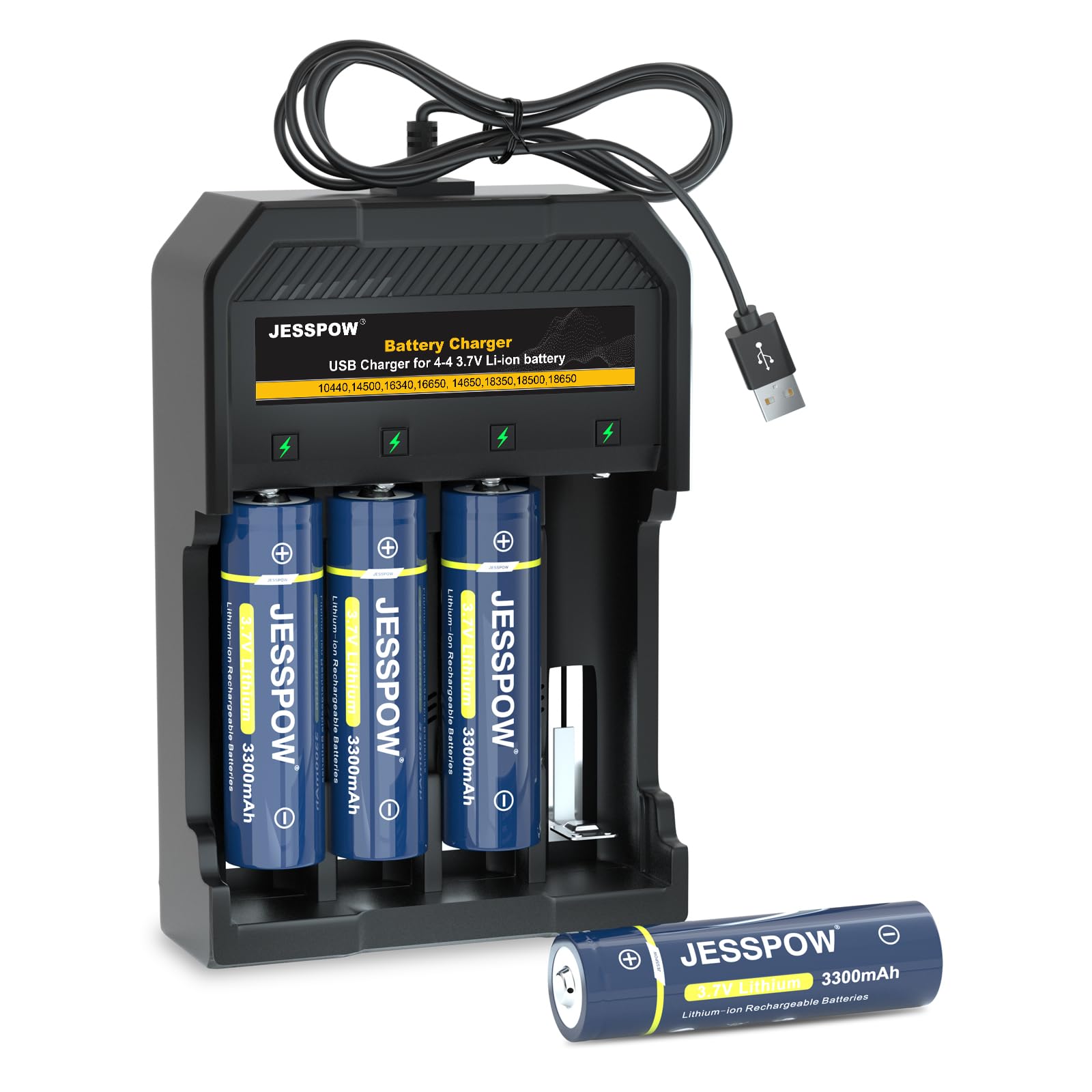4 Pack Rechargeable Battery with Charger 3 7V 3300mAh Button Top Batteries for Headlamps Flashlight Camera Small Fan