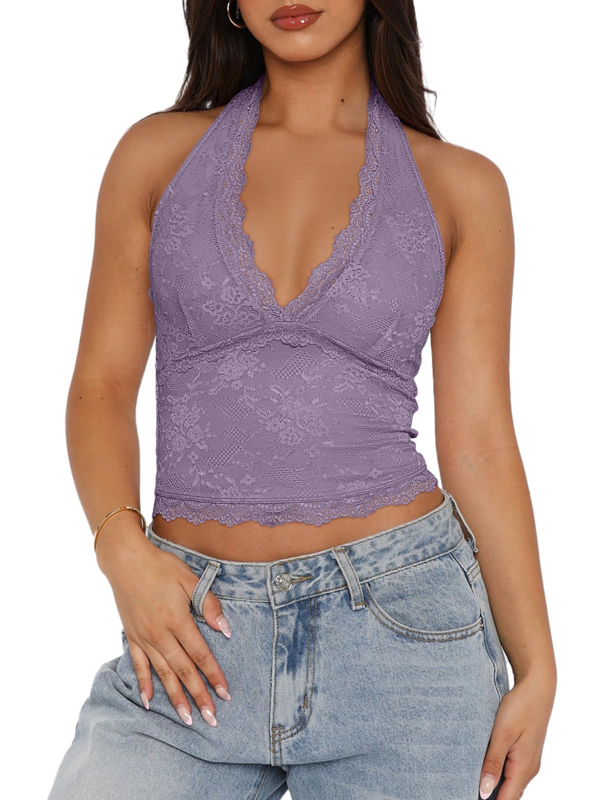 REORIA Womens Sexy V Neck Lace Halter Backless Going Out Double Lined Y2K Trendy Cropped Tank Tops