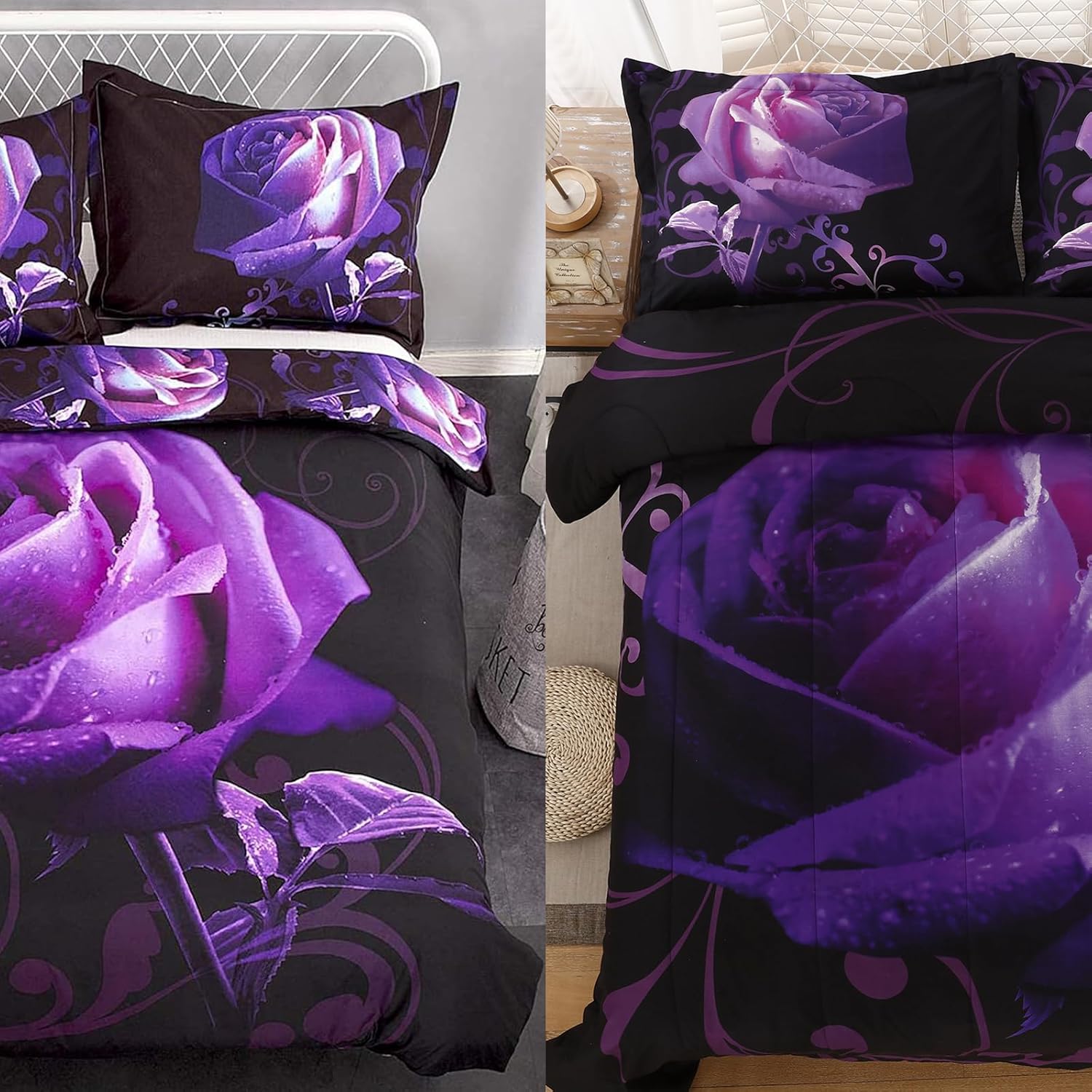 Purple Comforter Set King Reversible Purple Rose Pattern