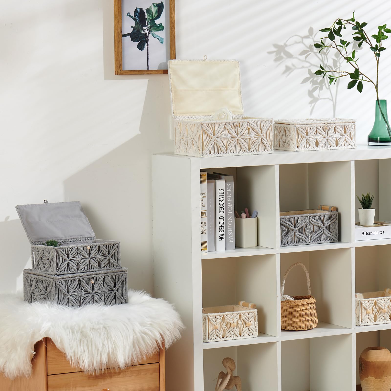 Cestas de almacenamiento decorativas bohemias con tapa, caja de joyería de macramé bohemio, hecha a mano, de cuerda de algodón natural, contenedores de recuerdo, organizador de maquillaje
