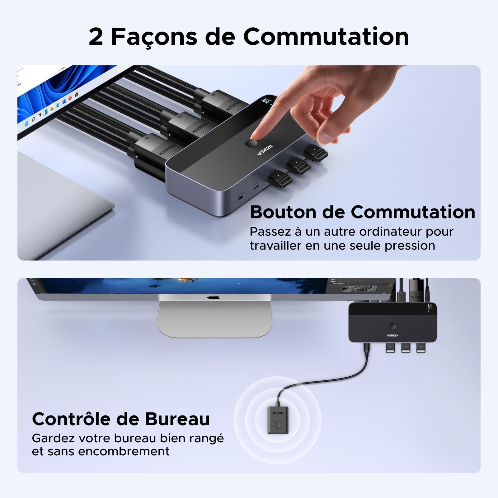 UGREEN Switch KVM DisplayPort 2 Entrées 2 Sorties 8K 60Hz 2 Affichage | 4 Ports USB 3A1C 5Gbps 4K 240Hz pour Clavier Souris Disque Dur Contrôleur de Bureau Câbles USB Inclus