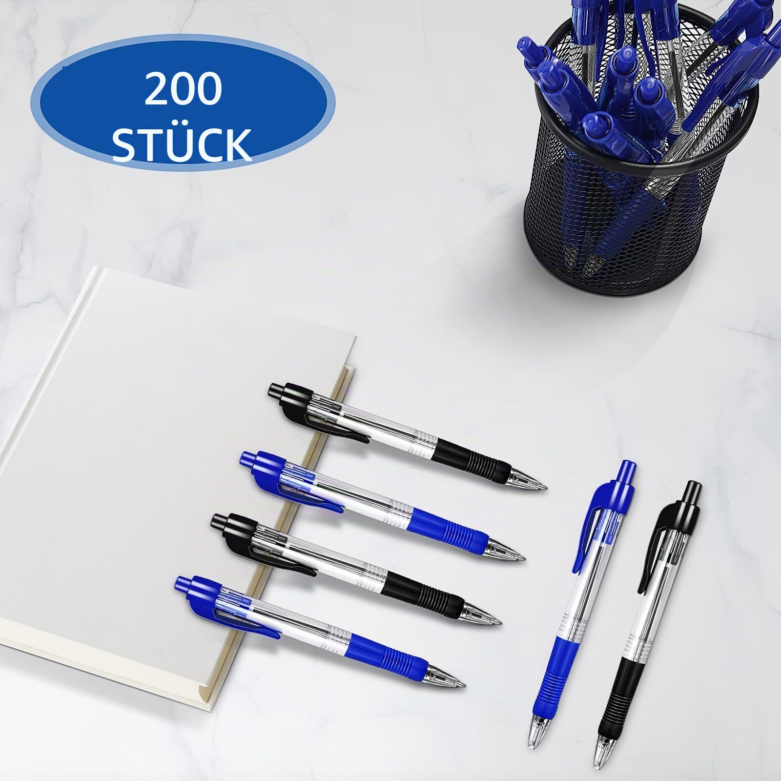 200 Stück Kugelschreiber Set 1,0 mm Druckkugelschreiber Mittelspitze mit Softgriff, Großpackung für Büro, Schule, Home Office (Blau & Schwarz)