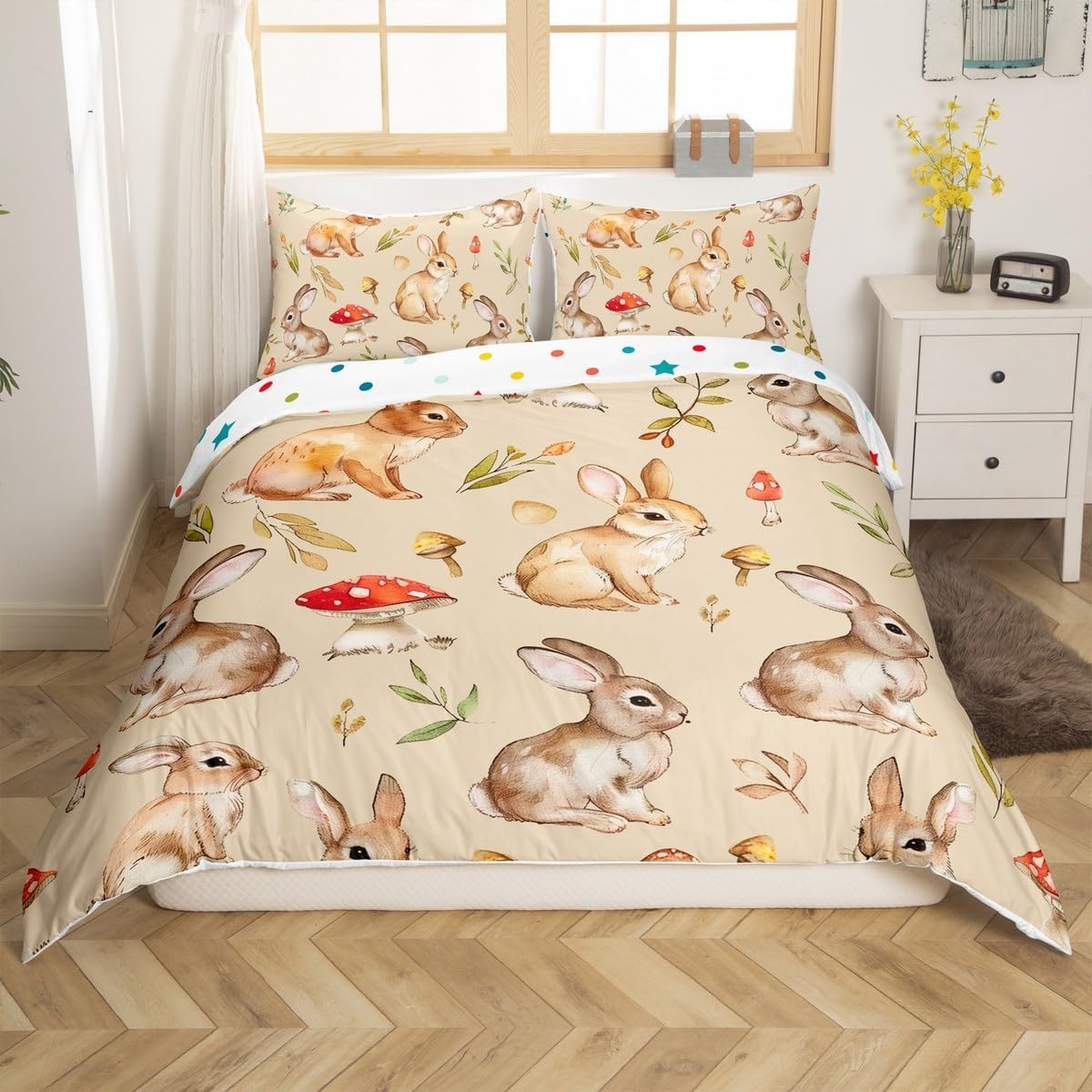 jejeloiu Cute Bunny Bedding Set Cartoon Rabbit Duvet Cover for Kids Boys Girls Red Mushrooms Comforter Cover Colorful Eggs Bedspread Cover with 1 Pillowcase 2Pcs Bedding Toddler,No Comforter