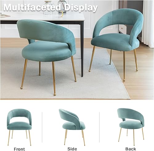 Miniatura 4 de Juego de 2 sillas de comedor modernas, tapizadas de terciopelo con patas doradas y respaldo hueco, reposabrazos copetudos para sala de estar,