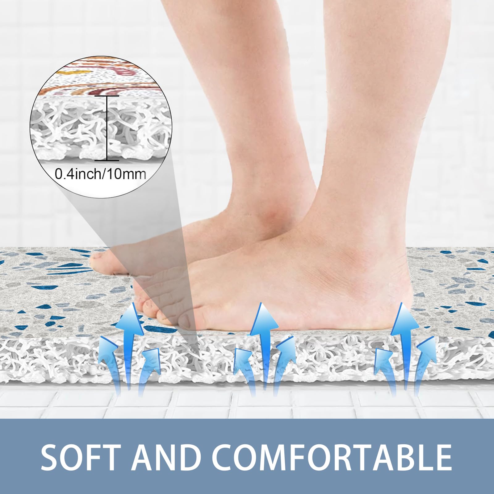 Alfombrilla de baño antideslizante de 50 x 100 cm, de PVC suave, lavable y de secado rápido para superficies húmedas, color azul y gris