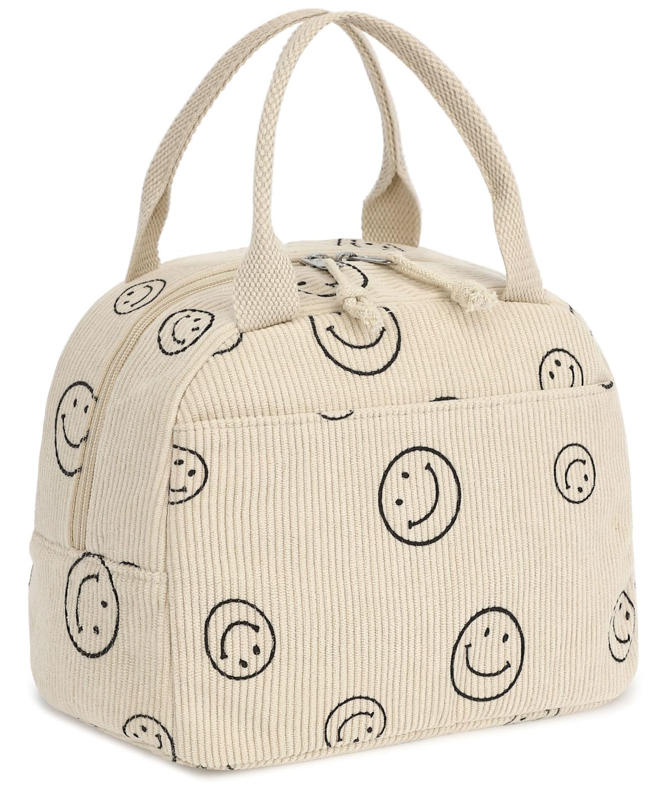 SNDEC Lunch Box For Women, Cute Corduroy Insulated Lunch Bag For Girls Aesthetic, Vintage Reusable Thermal Lunch Tote Bag For Work, Lunchbox Cooler Bento Bag, School/Picnic/Travel (Smile beige)