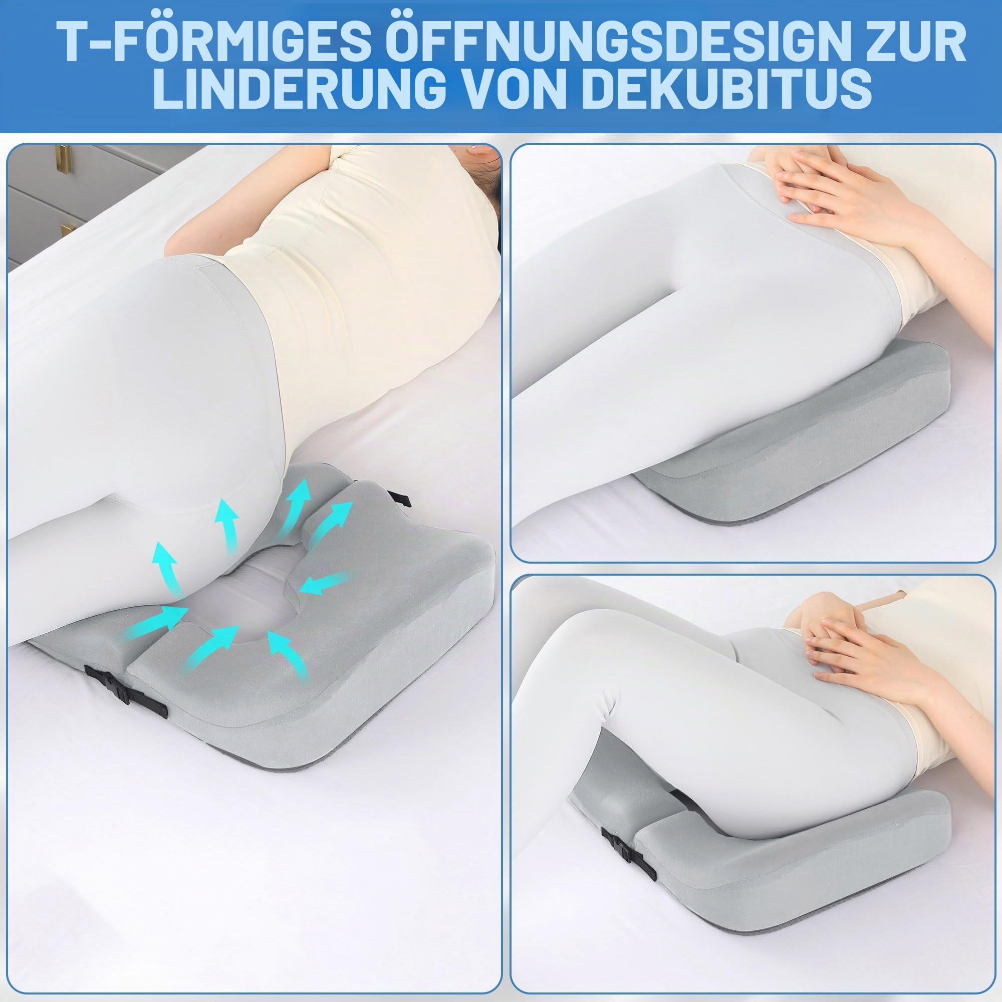 HOMBYS Kissen aus Memory-Schaum für den Hintern, Dekubitus-Druckentlastungskissen zum Schlafen und Sitzen, Kissen für Wundliegen am Gesäß, T-förmiges Steißbeinkissen, zum Patent angemeldet (Hellgrau)