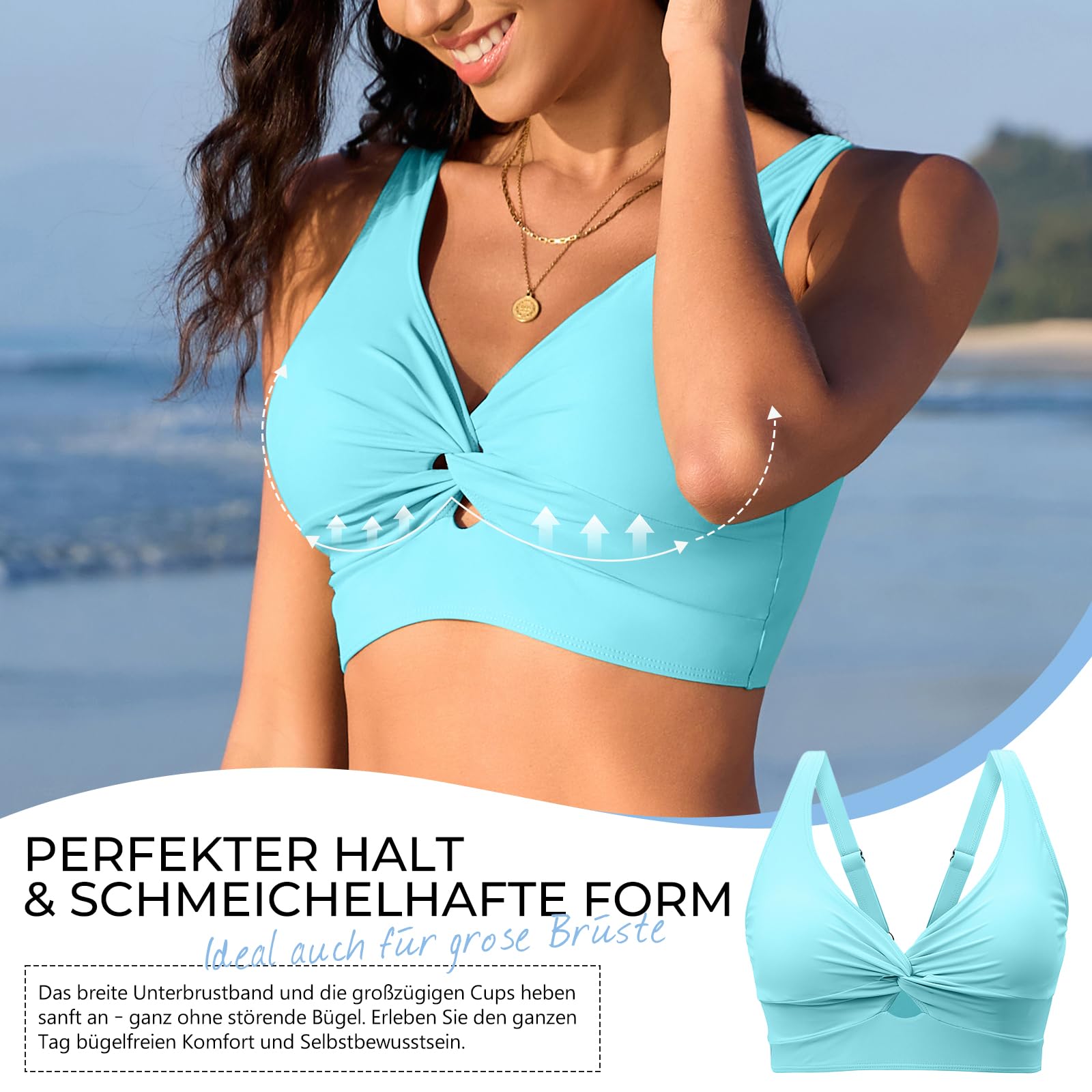Zando Top bikini da donna con ferretto, bikini sportivo, top da bagno per vacanze in spiaggia 2025, Blu mare, XL