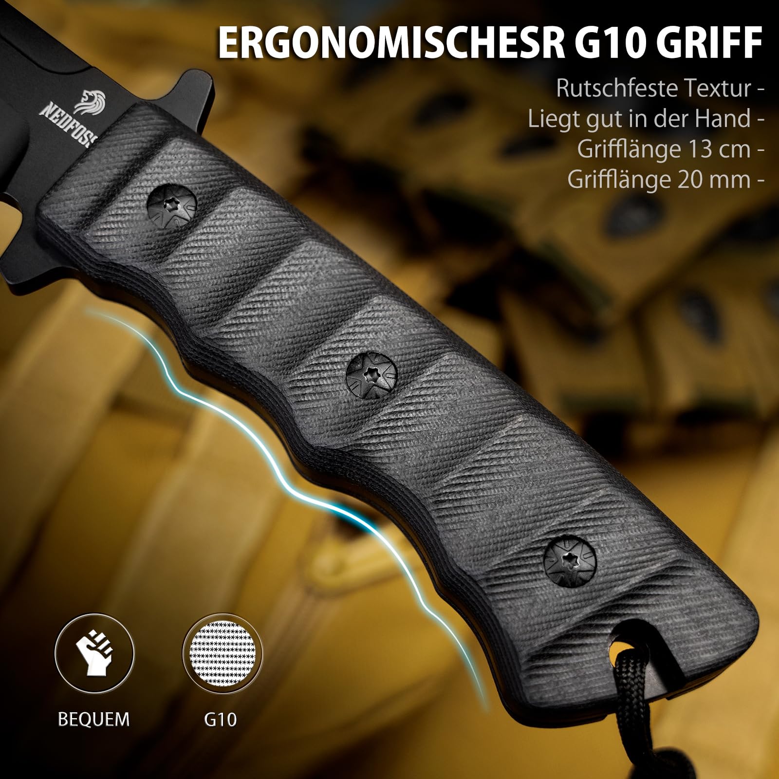NedFoss Black PHOENIX nóż survivalowy, 15 cm, nóż outdoorowy z uchwytem G10 | Full TANG noże stałe z pochwą Kydex i tytanem, ostre noże myśliwskie na kemping, polowanie, prezent, do kolekcji