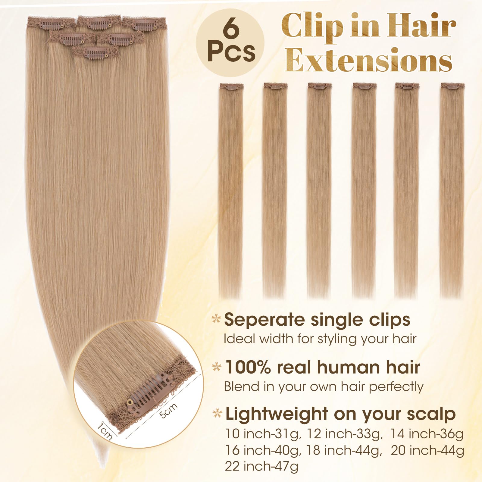 Rich Choices Clip in Extensions Echthaar Blond 40cm 6 Stück Nahtlose Haarverlängerung Echthaar Clip in Extensions mit Natürlich Glatt Remy Hair 40g #27 Blond