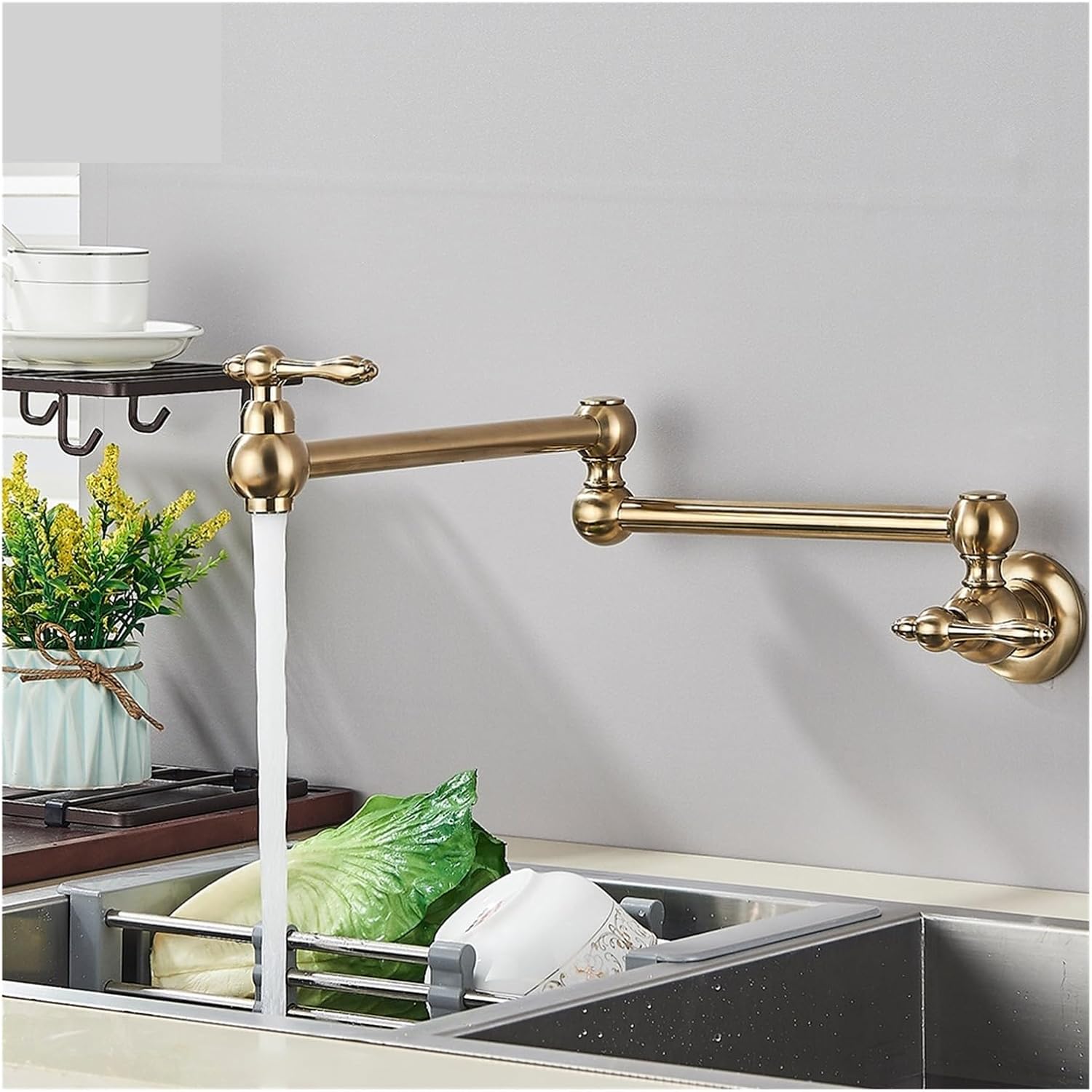 ブラッシュゴールド真鍮ポットフィラー蛇口シングル冷水キッチンタップ壁取り付けシンク回転折りたたみ式吐水口簡単設置 (色: クロームA