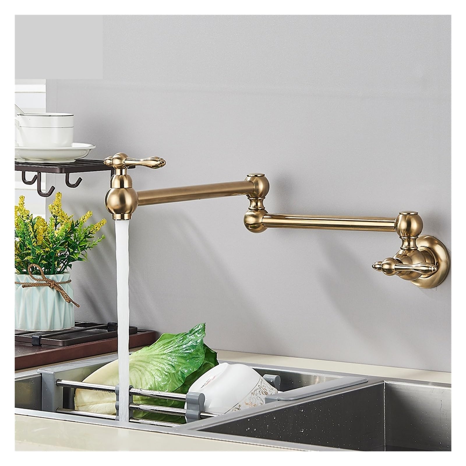 Grifo de llenado de ollas de latón dorado cepillado, grifo de cocina de agua fría individual, grifo de fregadero montado en la pared, caño plegable giratorio, instalación Simple (Color : Brushed Gold