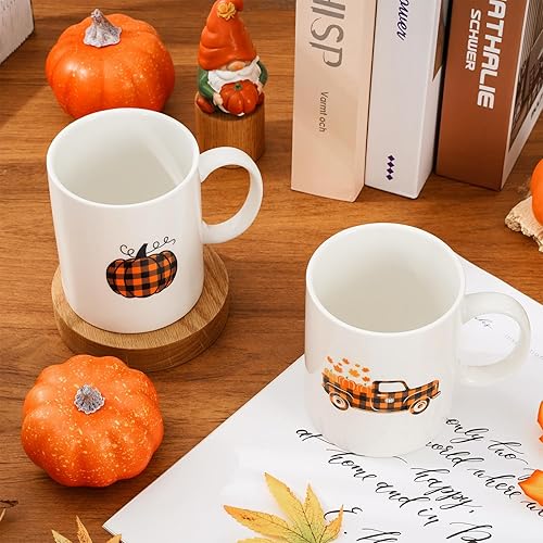 Miniatura 4 de Whaline Juego de 2 tazas de calabaza con diseño de camión de calabaza de 12 onzas, taza de café de otoño a cuadros, tazas de cerámica para parejas,