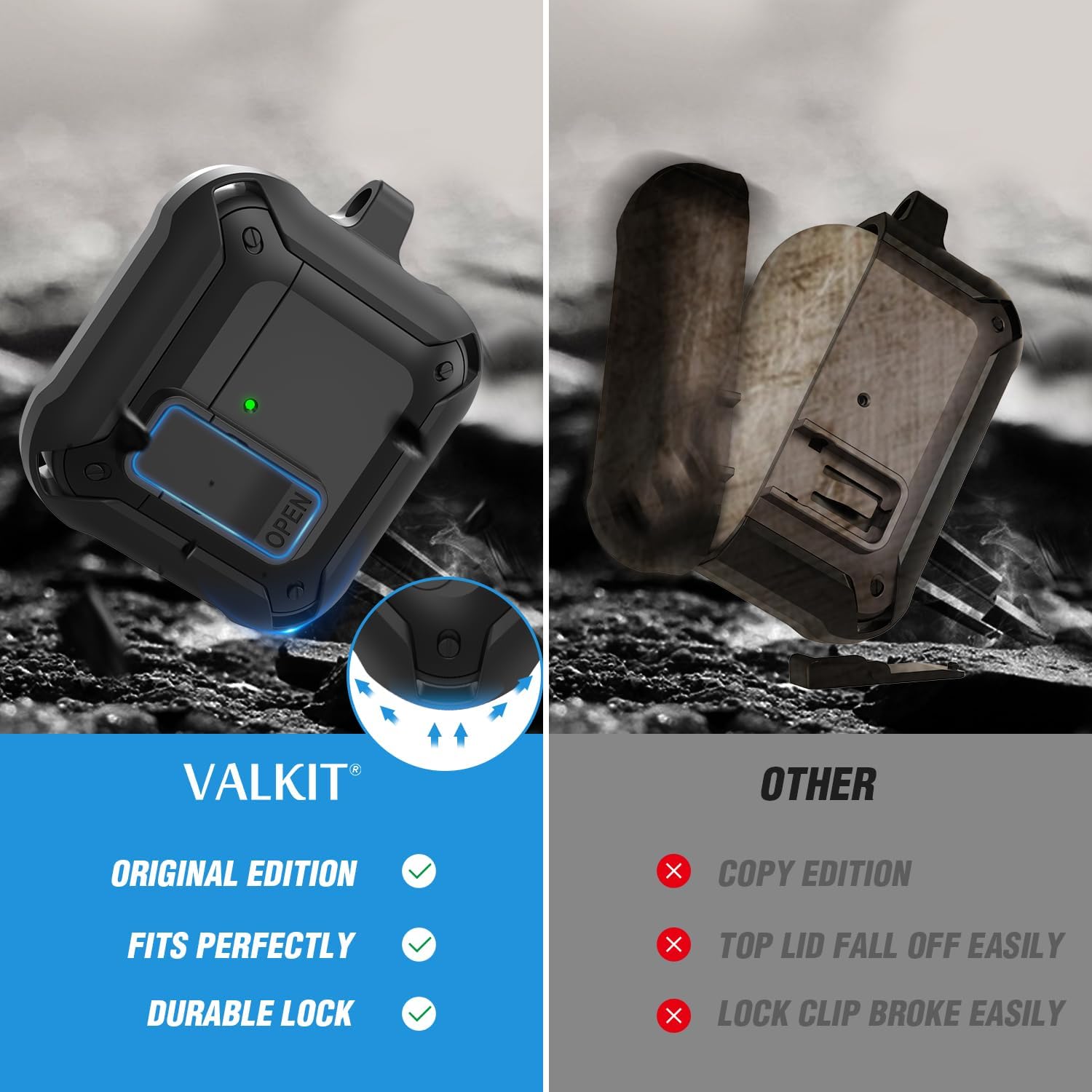 Valkit Compatible Airpods 4 Case Cover with Cleaner Kit, Military AirPod 4 Generation Case Hard with Lock & Lanyard Cool Shockproof Protective Case for Men Boy - Black
