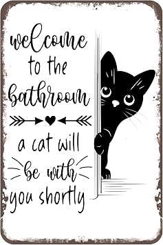 Vintage Cat Bathroom Wall Decor Sign - Funny 8x12 Inch Metal Tin Sign with Lovely Cat, Rustic Bathroom Signs for Women, Restroom, Powder Room, Laundry, Farmhouse Decor