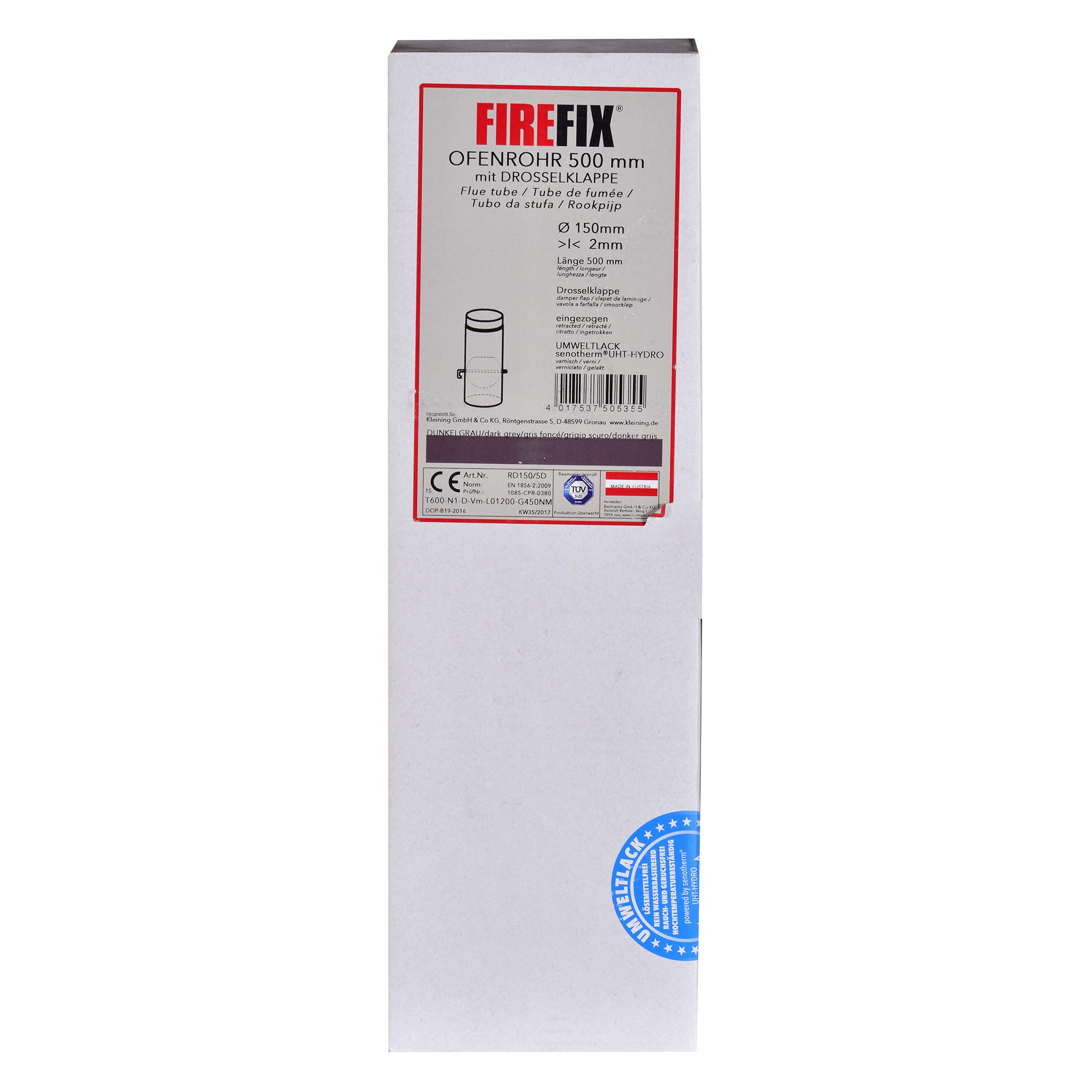 FIREFIX RD150/5D Ofenrohr aus 2 mm starken Stahl (Rauchrohr) in 150 mm Durchmesser, für Kaminöfen und Feuerstellen, Senotherm, dunkelgrau, 500 mm lang mit Regulierklappe, Schwarz
