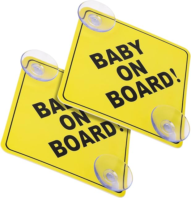 cobee Baby on Board Car Warning Signs, 2 Pcs 5"x5" Safety Car Sign with Double Suction Cups, Baby in Car Sticker for Car Window Cling Reusable Durable Baby on Board Sticker Decal