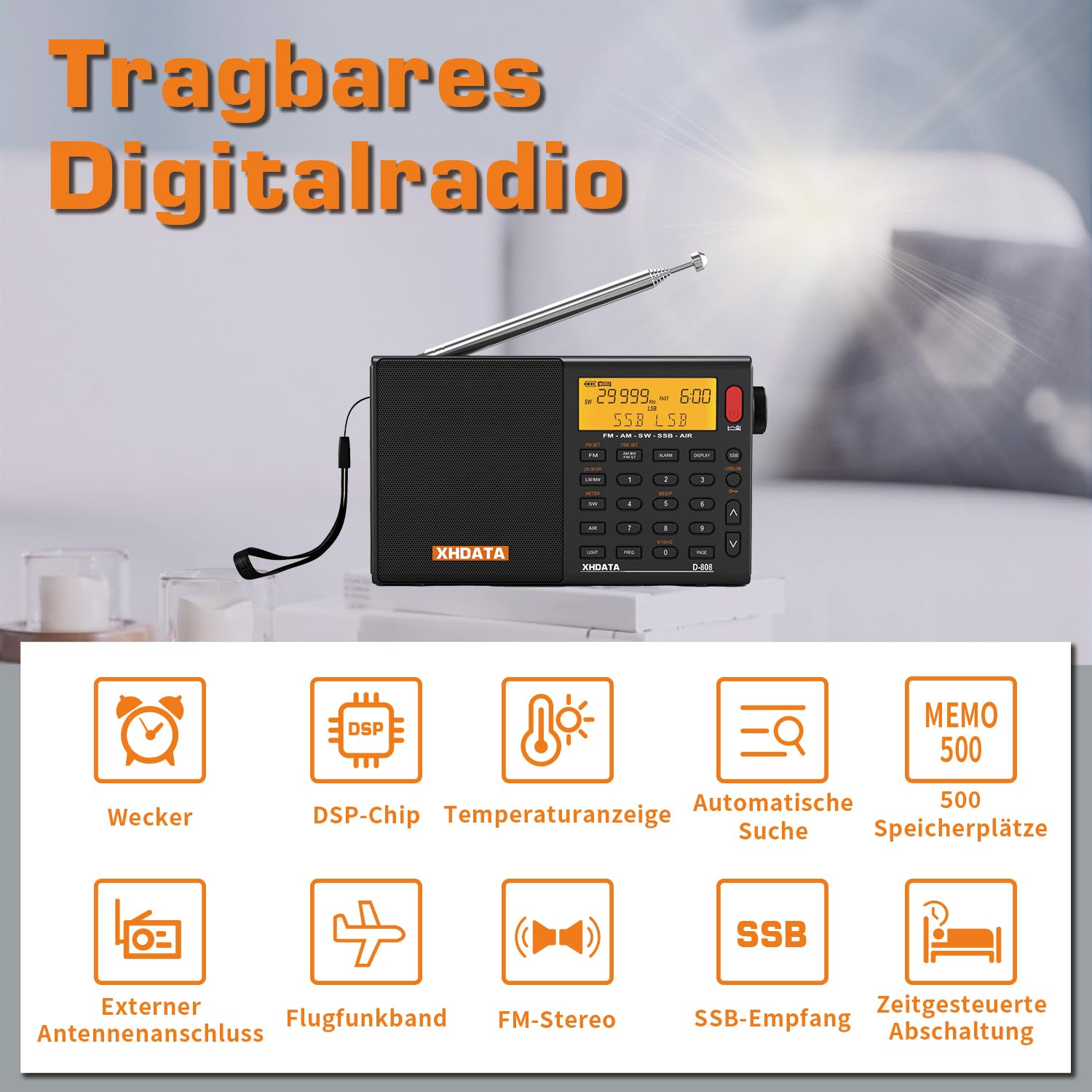 XHDATA D808 Tragbares Digitales Radio, Weltempfänger Radio, Kurzwellenempfänger, UKW-Stereo/KW/MW/LW SSB Air Band Weltempfänger, RDS, Radio batteriebetrieben, mit Externer Antenne (Schwarz)