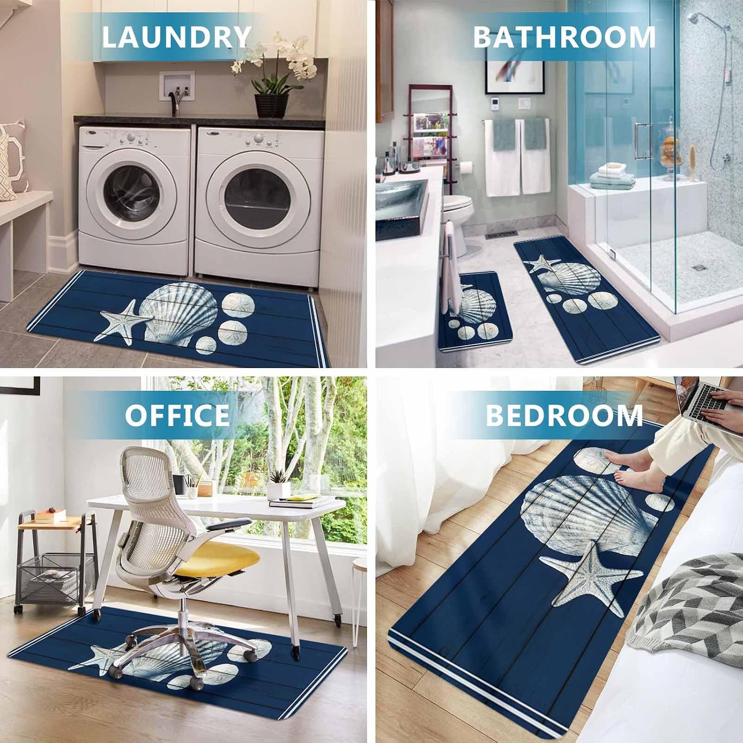 Marine Life Kitchen Mat Set 2 Pieces Shell Starfish Dark Blue Wood Striped Ocean Vintage Non Slip Kitchen Rugs Washable Runner Rug Mats for Floor Sink Laundry Office 19.7" x 31.5"+19.7" x 47.2"