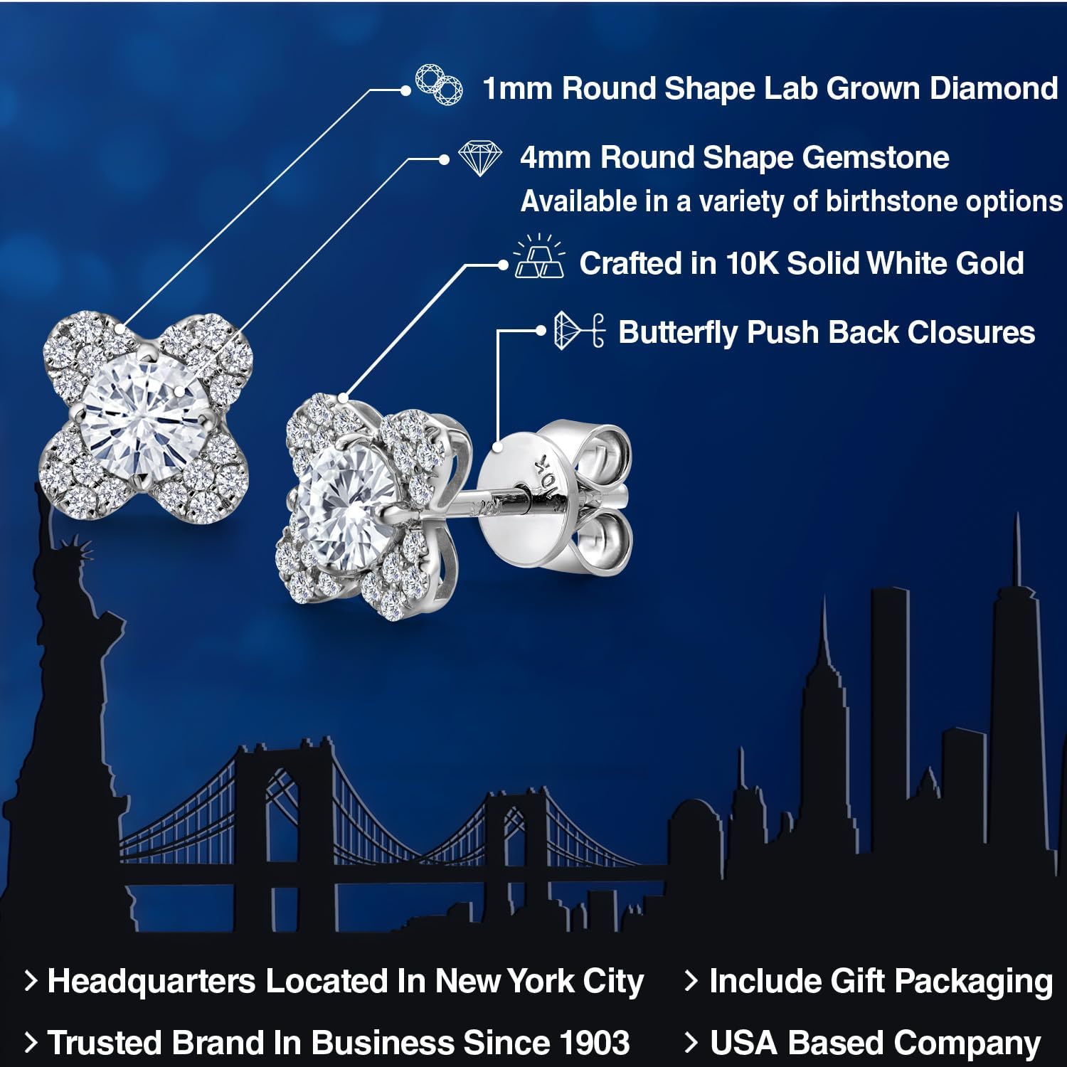 Gem Stone King 10K White Gold Moissanite and White Lab Grown Diamond Stud Earrings For Women | 0.58 Cttw | Gemstone | Round 4MM - Image 2